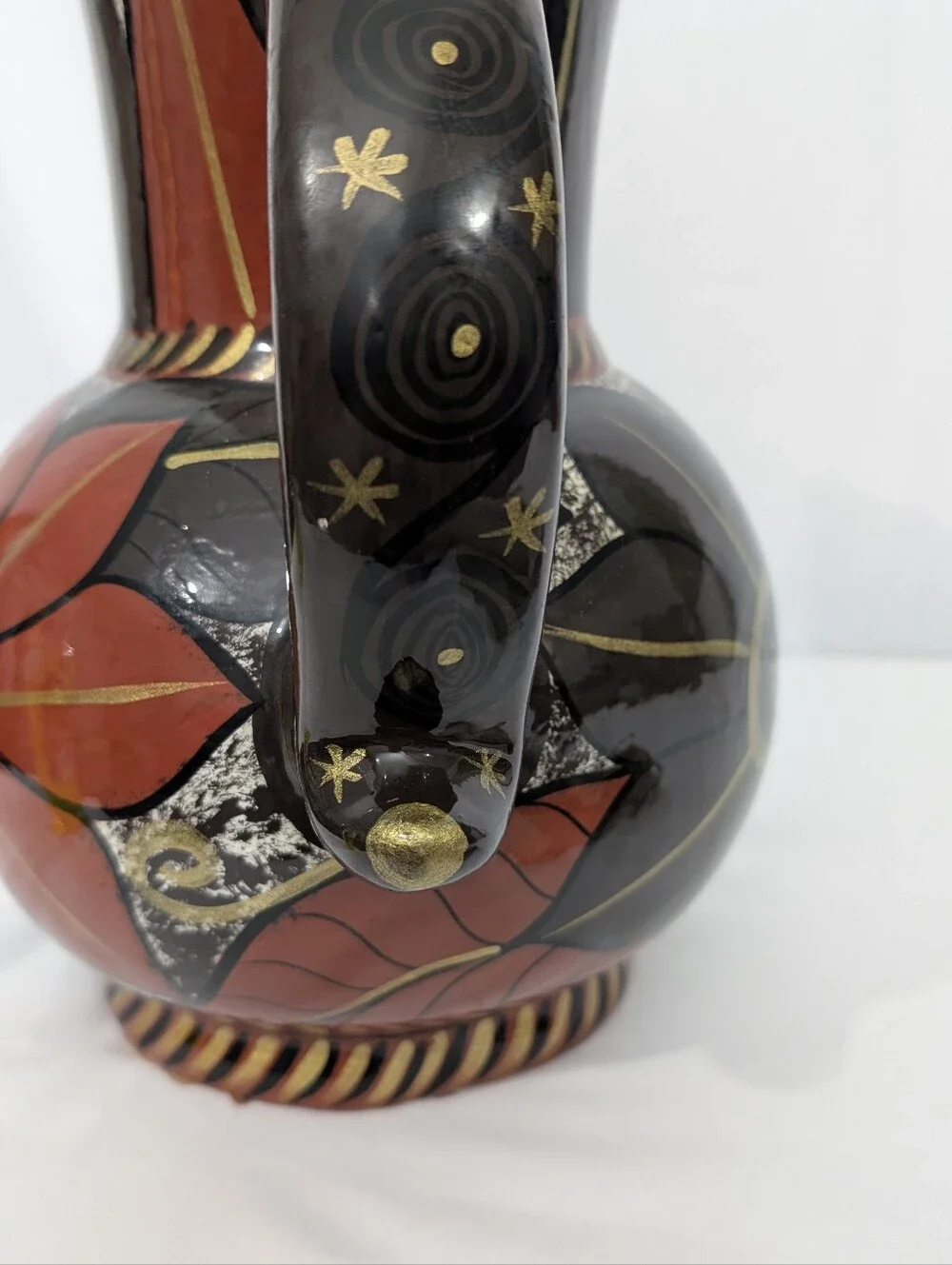 Vintage Postmodern Art Deco Floral Ceramic Pitcher Vase Black Gold